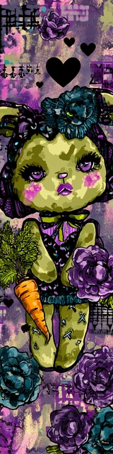 Free kawaii bookmark featuring a green-skinned cute animal holding a carrot